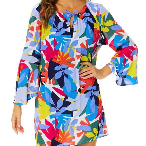 Anne Cole Floral Bell Sleeve Cover Up tunic blue - XS/S - Picture 1 of 12